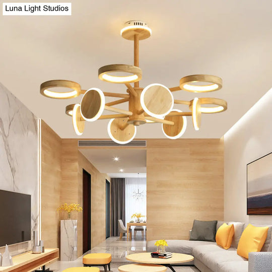 Japanese Wooden Radial Chandelier Led Light In Beige For Living Room