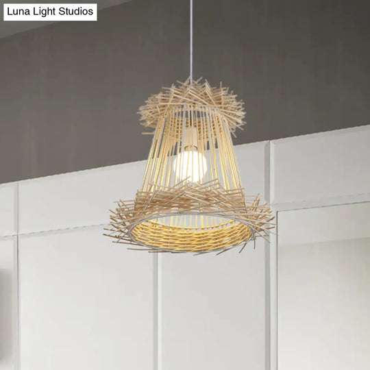 Japanese Rattan Cone Shade Pendant Lamp - Wood Hanging Light For Dining Room