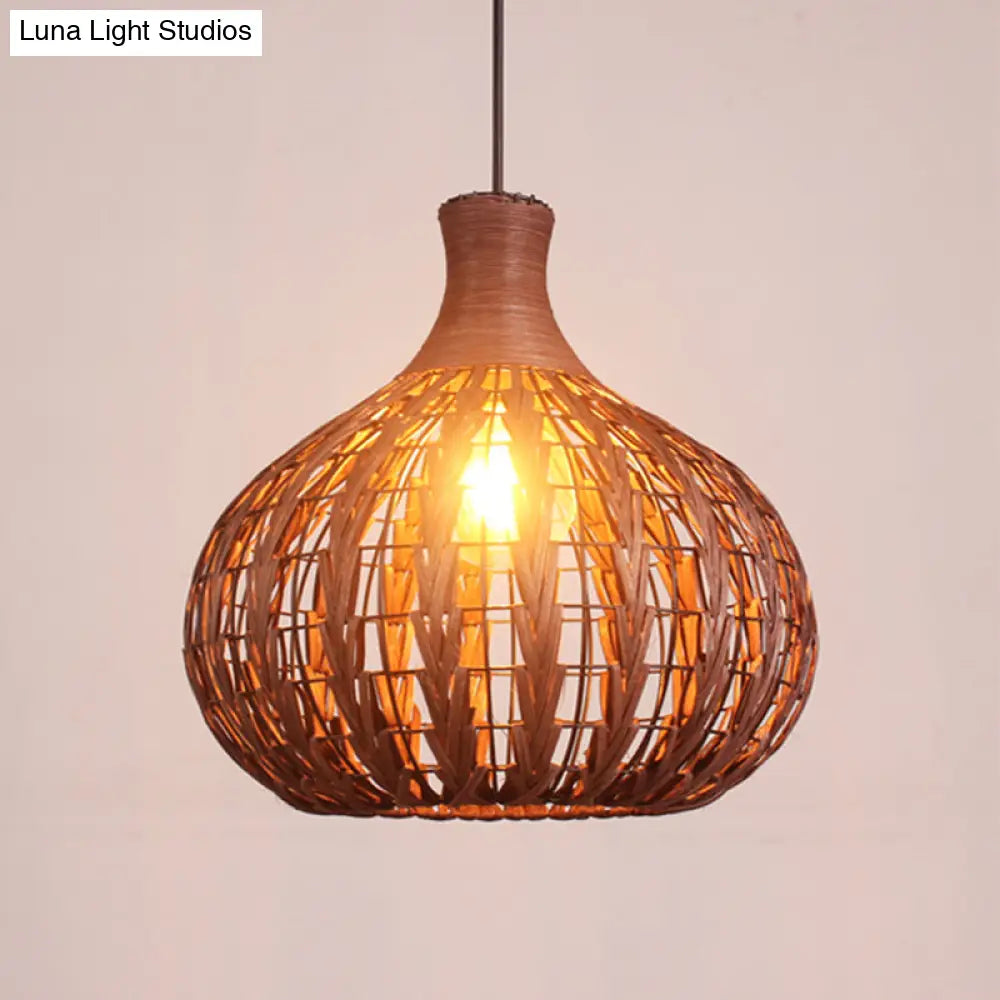 Japanese Rattan Droplet Pendant Light With 1 Bulb - Coffee