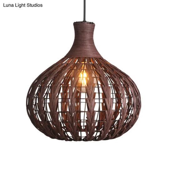 Japanese Rattan Droplet Pendant Light With 1 Bulb - Coffee