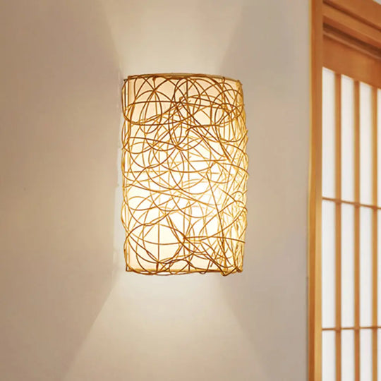 Japanese Rattan Half-Cylinder Wall Mounted Sconce Light Fixture In White