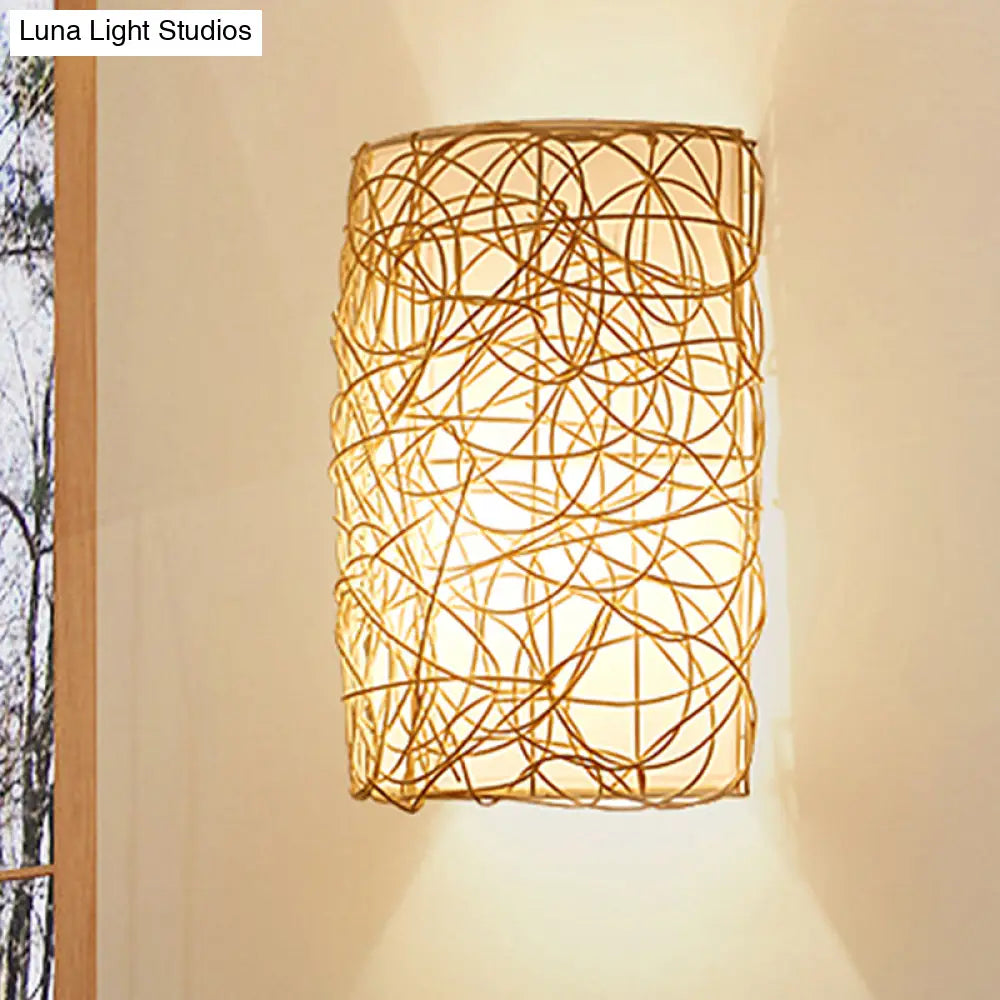 Japanese Rattan Half-Cylinder Wall Mounted Sconce Light Fixture In White