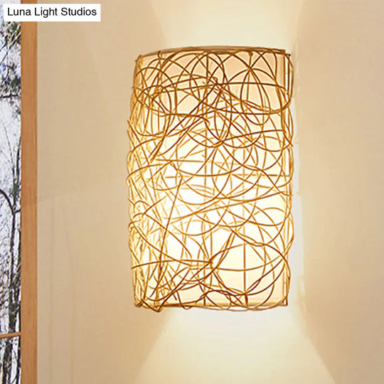 Japanese Rattan Half-Cylinder Wall Mounted Sconce Light Fixture In White