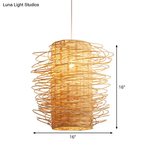 Japanese Rattan Pendant Light: Cylindrical 1-Head Ceiling Lamp In Beige