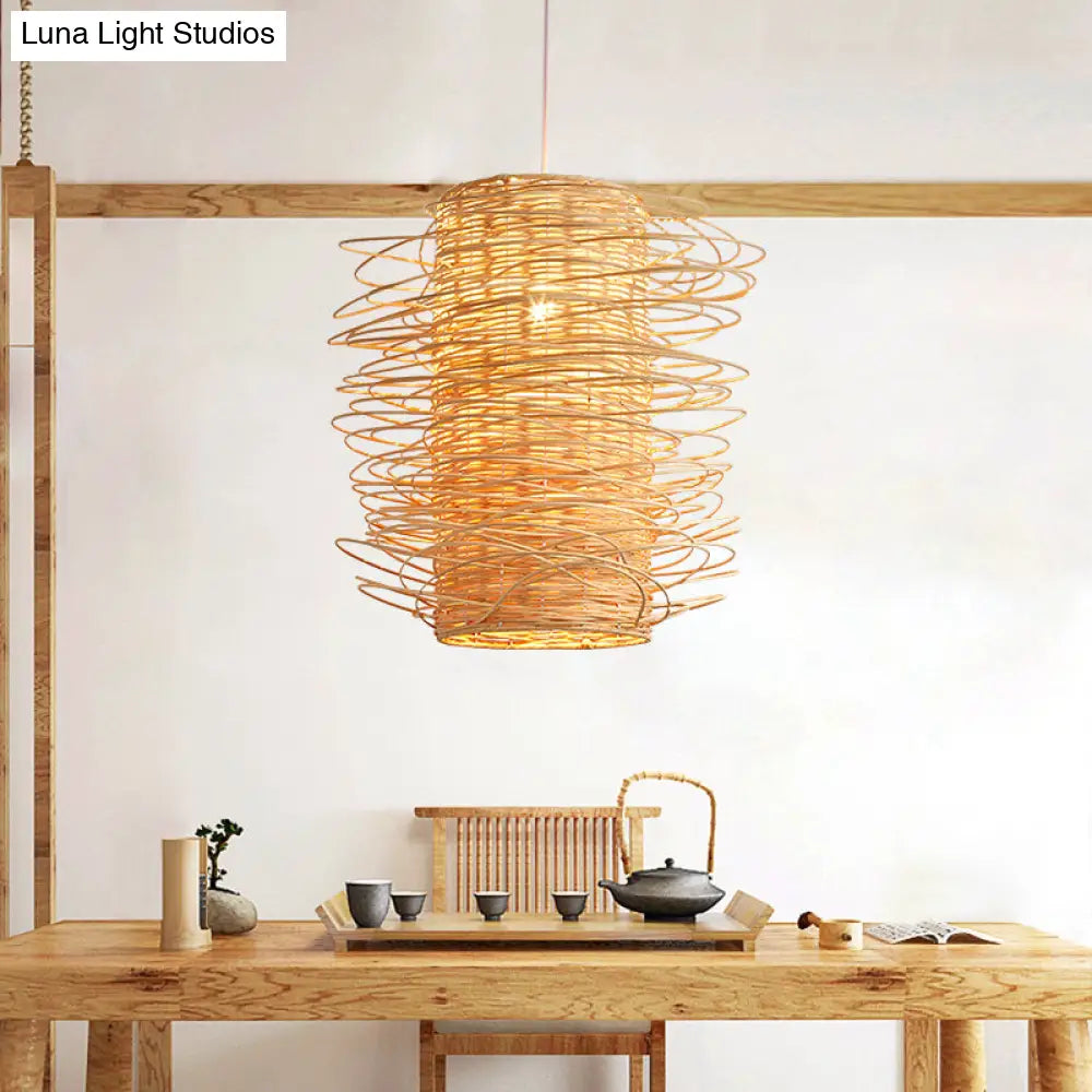 Japanese Rattan Pendant Light: Cylindrical 1-Head Ceiling Lamp In Beige