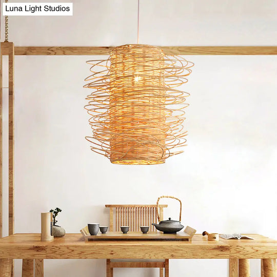 Japanese Rattan Pendant Light: Cylindrical 1-Head Ceiling Lamp In Beige