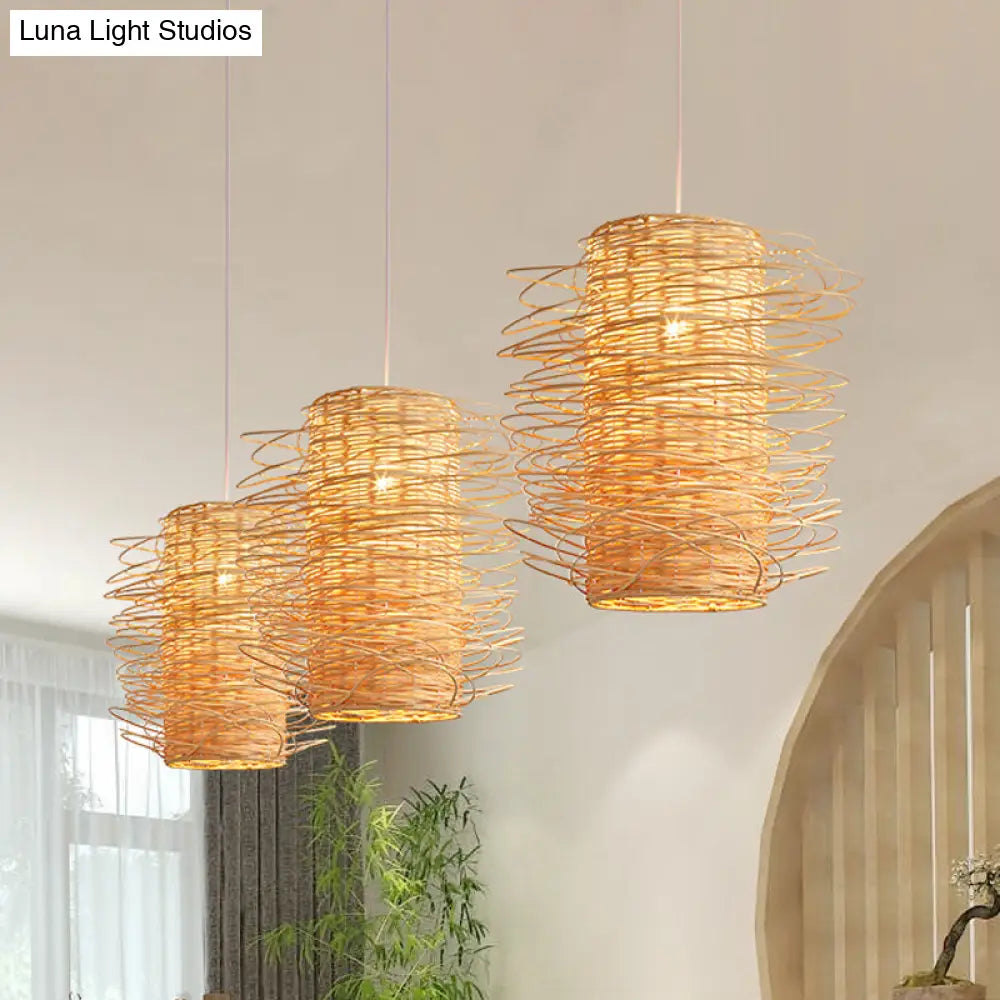 Japanese Rattan Pendant Light: Cylindrical 1-Head Ceiling Lamp In Beige