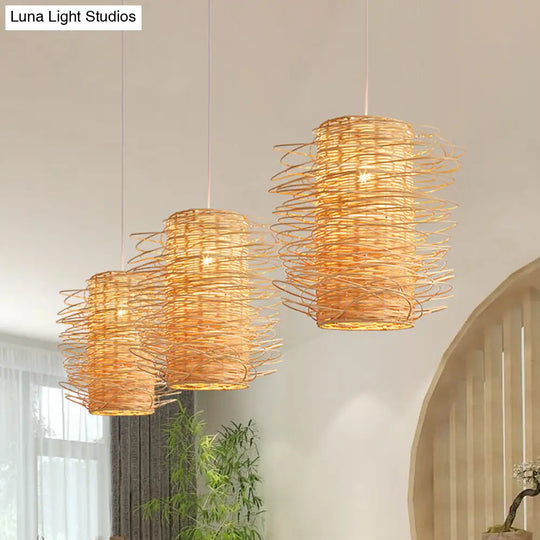 Japanese Rattan Pendant Light: Cylindrical 1-Head Ceiling Lamp In Beige