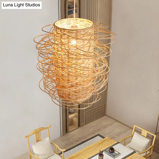 Japanese Rattan Pendant Light: Cylindrical 1-Head Ceiling Lamp In Beige