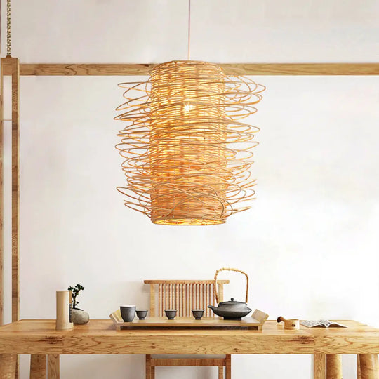 Japanese Rattan Pendant Light: Cylindrical 1-Head Ceiling Lamp In Beige