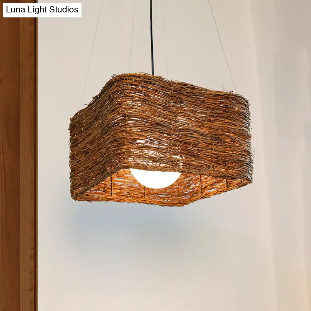 Japanese Rattan Pendant Light In Brown - Modern Rectangular Design