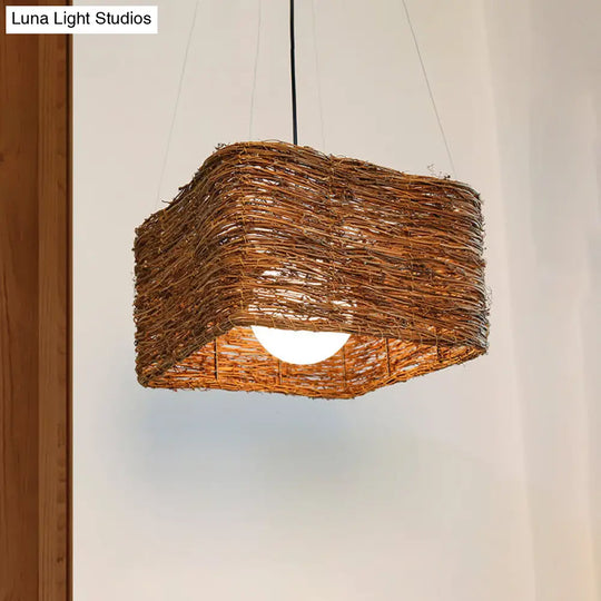 Japanese Rattan Pendant Light In Brown - Modern Rectangular Design