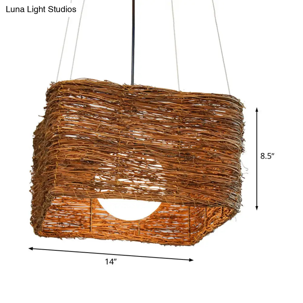 Japanese Rattan Pendant Light In Brown - Modern Rectangular Design