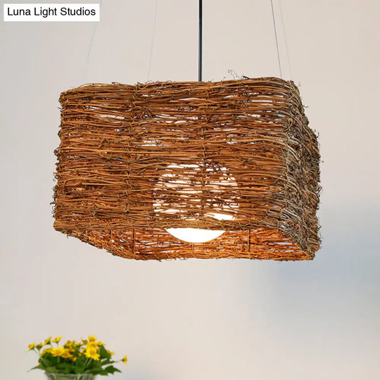 Japanese Rattan Pendant Light In Brown - Modern Rectangular Design