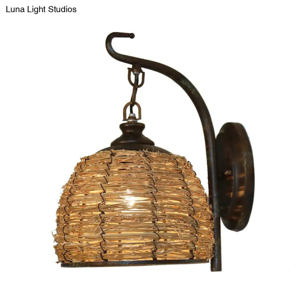 Japanese Rattan Sconce Light Fixture: Flaxen Domed Wall Lighting With Metal Curved Arm