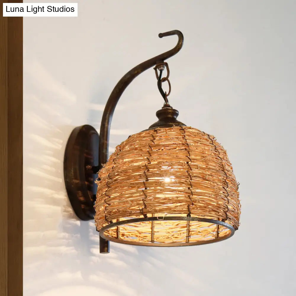 Japanese Rattan Sconce Light Fixture: Flaxen Domed Wall Lighting With Metal Curved Arm