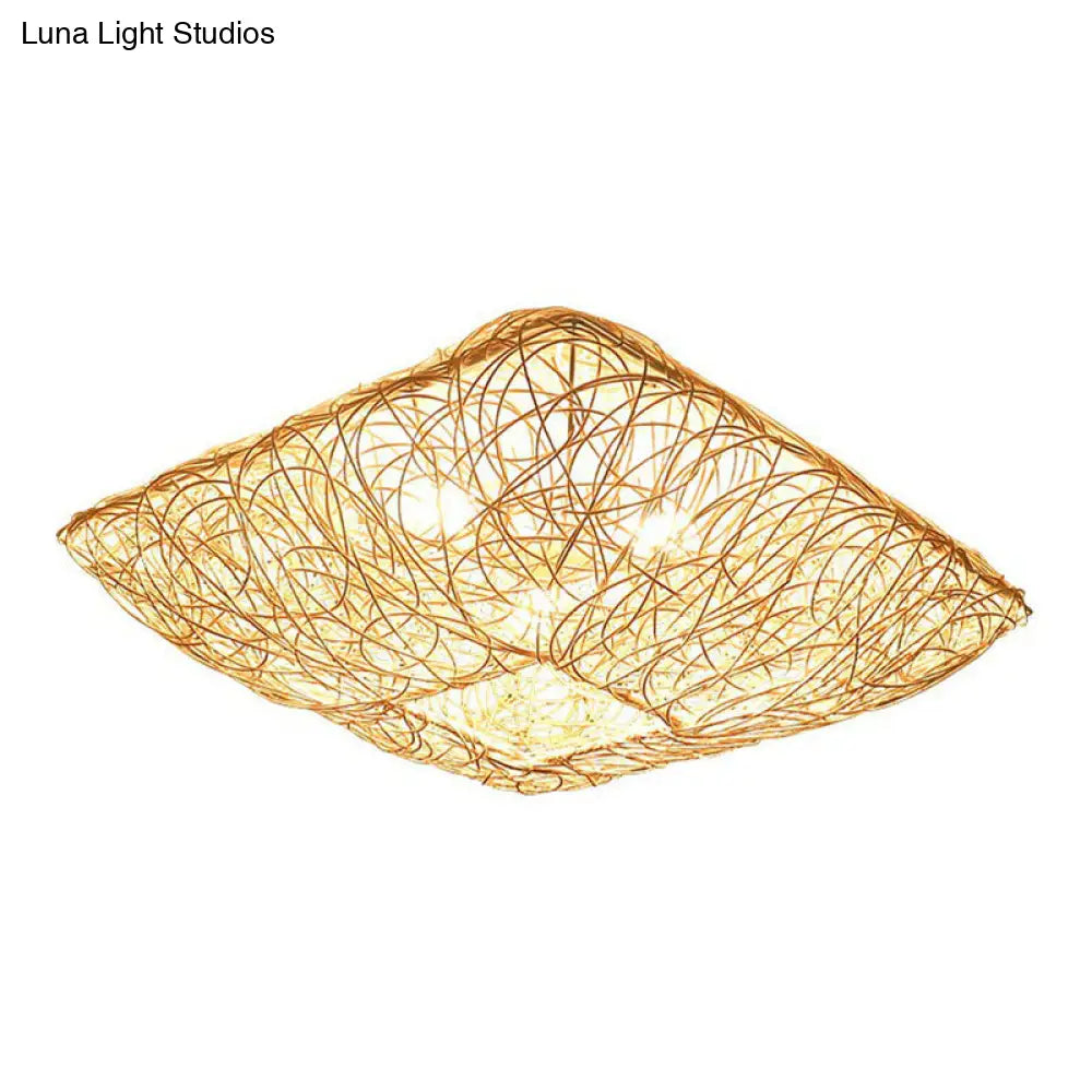 Japanese Rattan Square Flush Ceiling Light With 3 Heads Wood Bedroom Mount Lighting