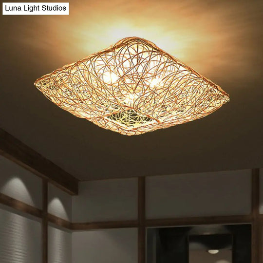 Japanese Rattan Square Flush Ceiling Light With 3 Heads Wood Bedroom Mount Lighting