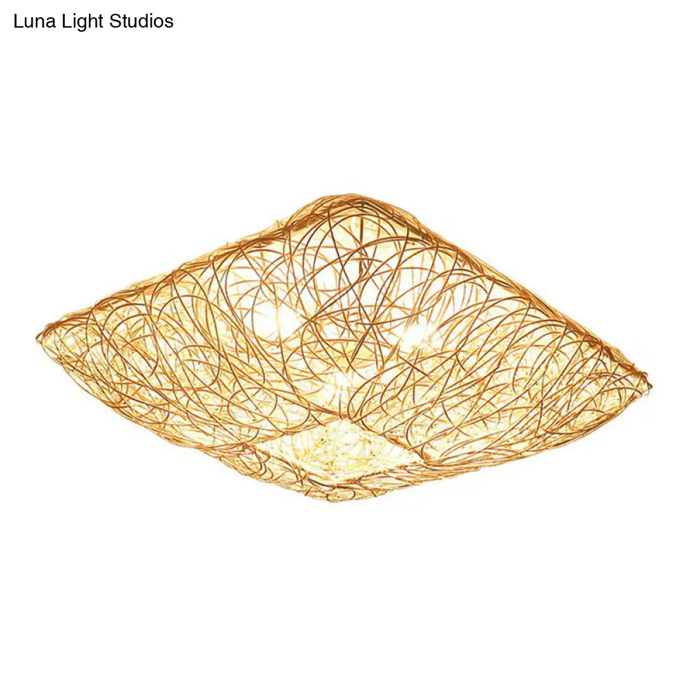 Japanese Rattan Square Flush Ceiling Light With 3 Heads – Wood Bedroom Mount Lighting