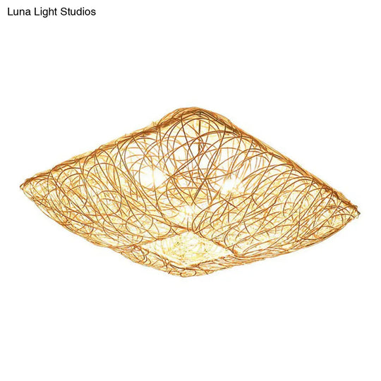 Japanese Rattan Square Flush Ceiling Light With 3 Heads – Wood Bedroom Mount Lighting