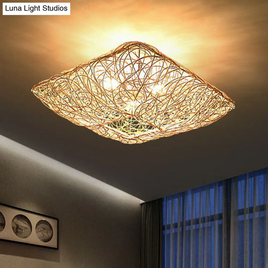 Japanese Rattan Square Flush Ceiling Light With 3 Heads Wood Bedroom Mount Lighting