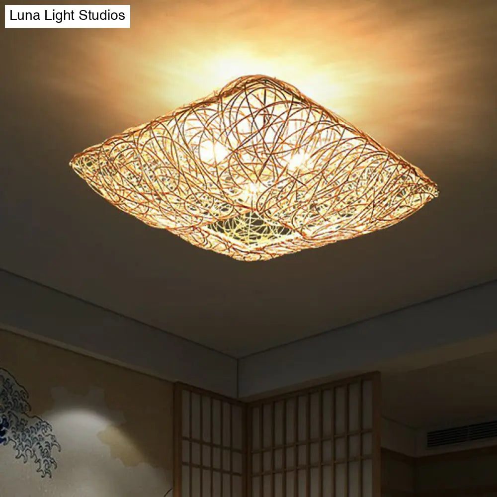 Japanese Rattan Square Flush Ceiling Light With 3 Heads Wood Bedroom Mount Lighting