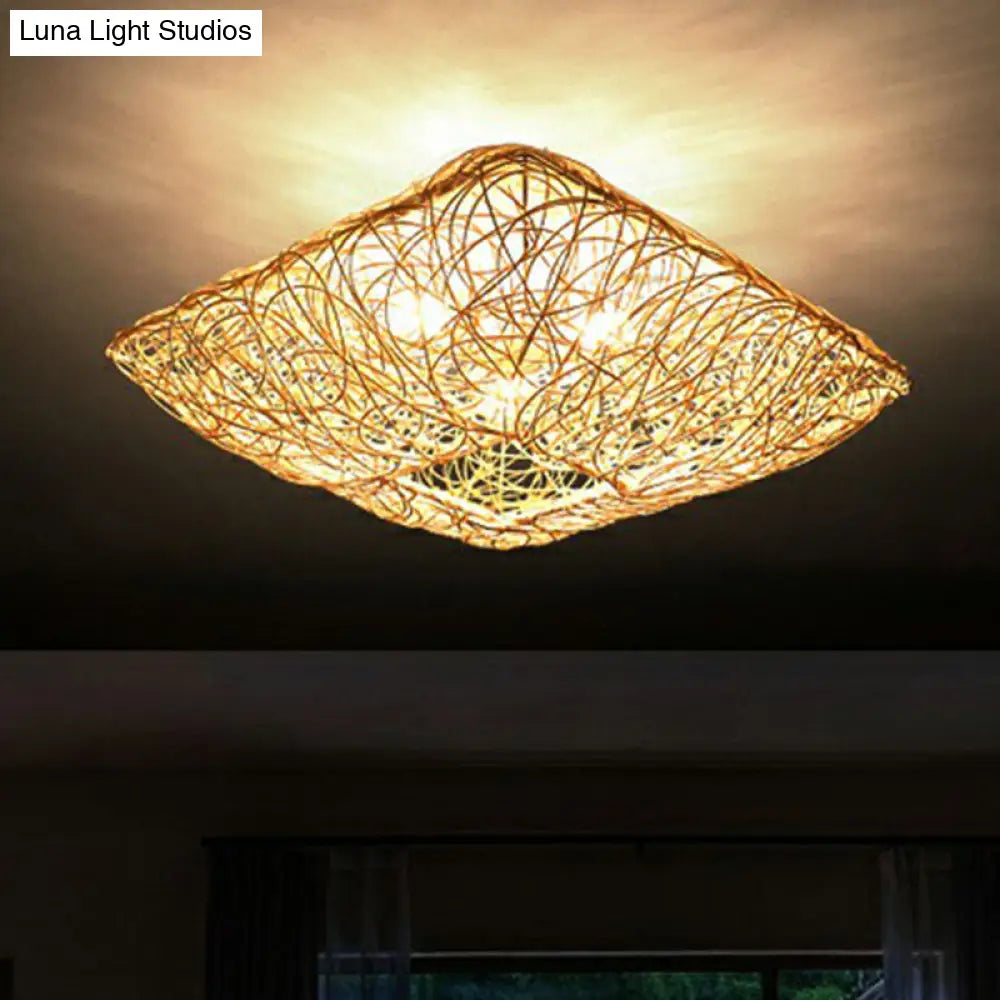 Japanese Rattan Square Flush Ceiling Light With 3 Heads Wood Bedroom Mount Lighting / 16