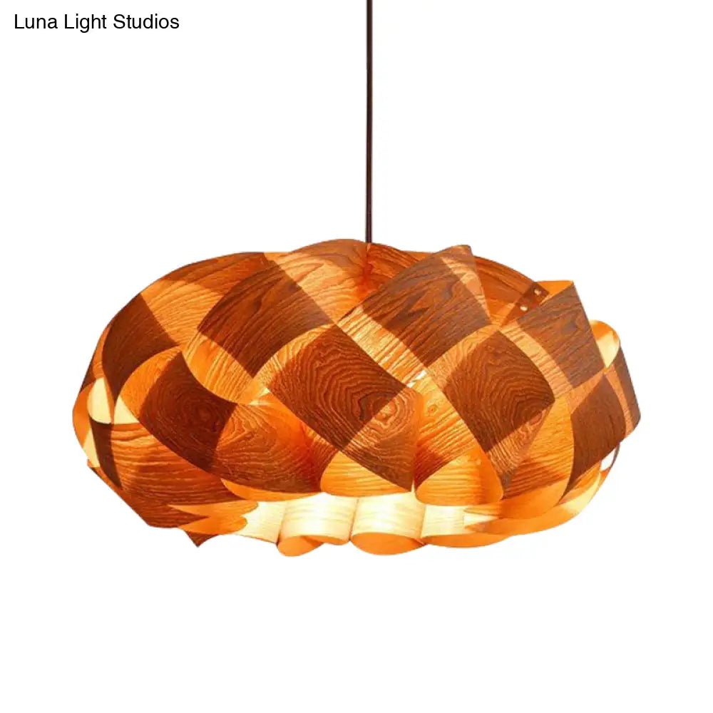 Japanese Rounded Drum Wood Ceiling Light Fixture In Beige - 1 Head Suspended Lighting