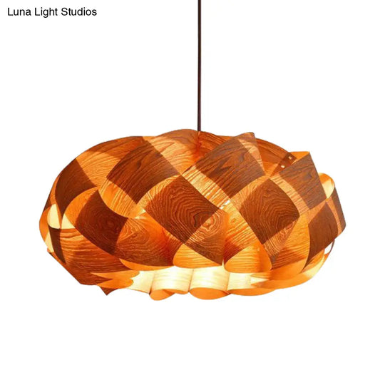 Japanese Rounded Drum Wood Ceiling Light Fixture In Beige - 1 Head Suspended Lighting