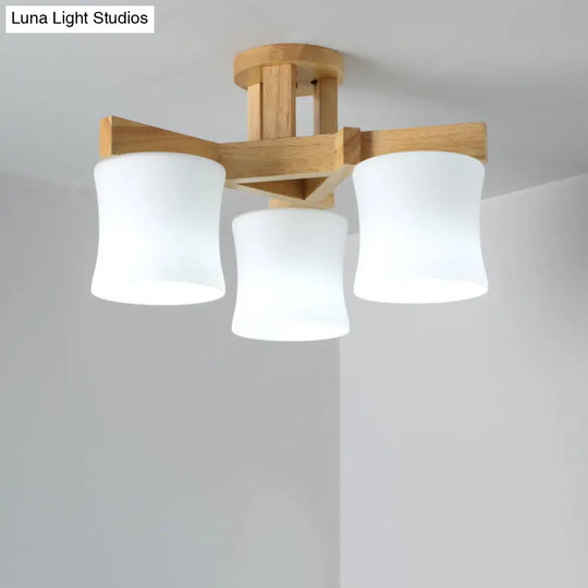 Japanese Semi Flush Mount Chandelier With White Glass Shade And Wooden Canopy 3 /