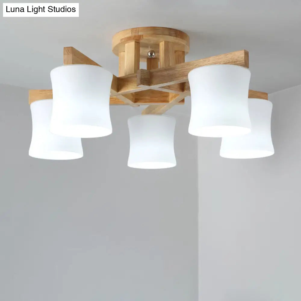 Japanese Semi Flush Mount Chandelier With White Glass Shade And Wooden Canopy 5 /