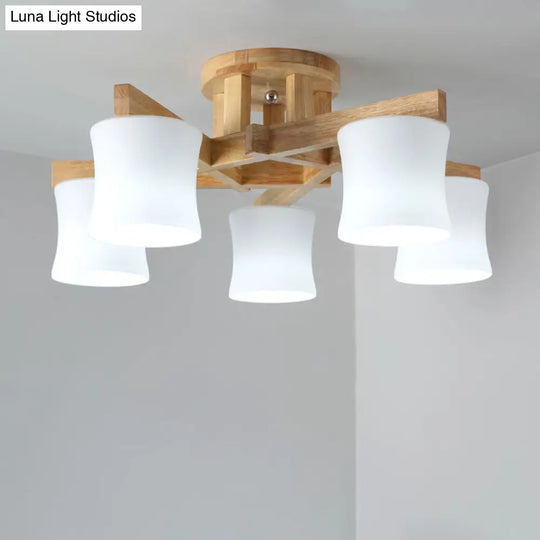 Japanese Semi Flush Mount Chandelier With White Glass Shade And Wooden Canopy 5 /