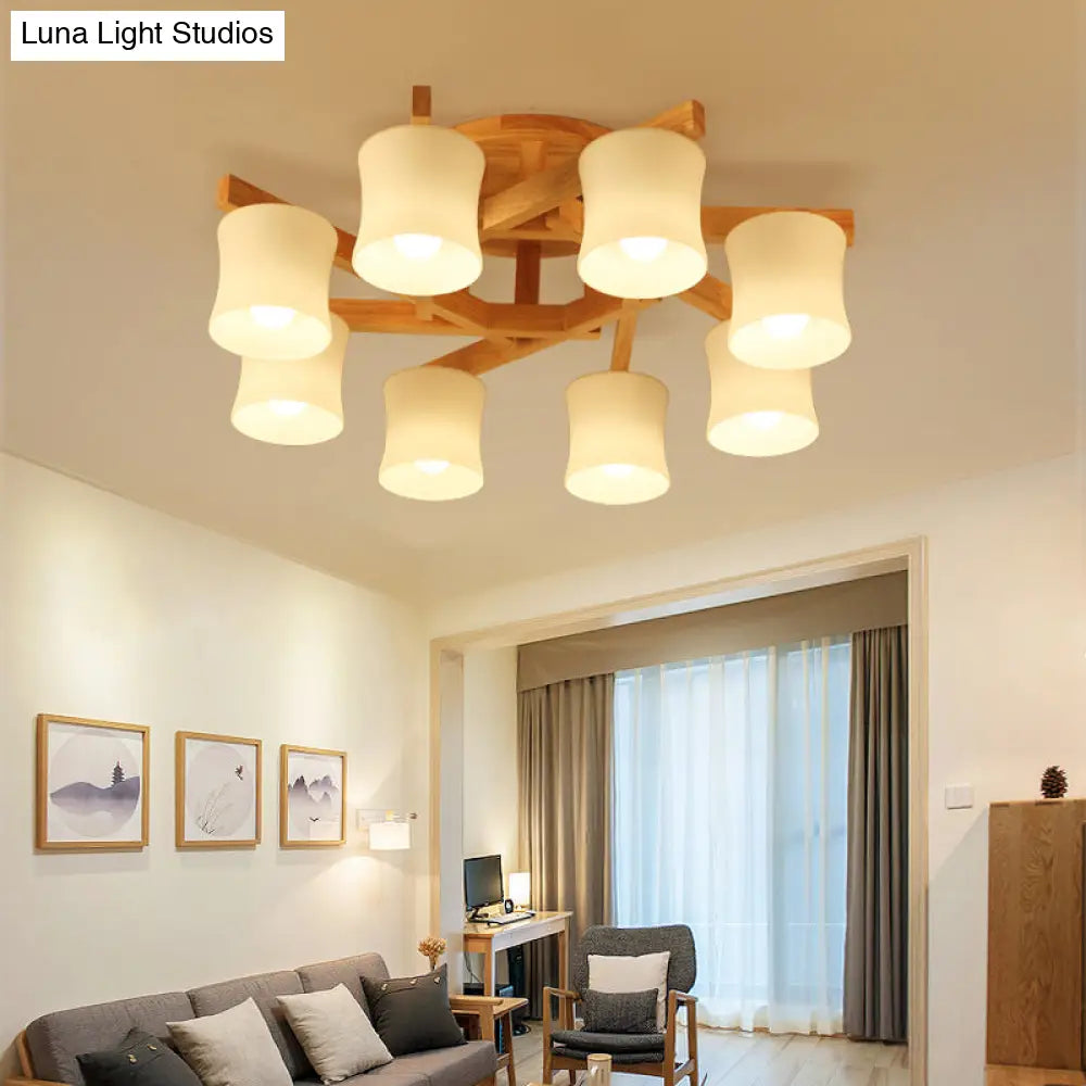 Japanese Semi Flush Mount Chandelier With White Glass Shade And Wooden Canopy