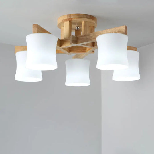 Japanese Semi Flush Mount Chandelier With White Glass Shade And Wooden Canopy 5 /