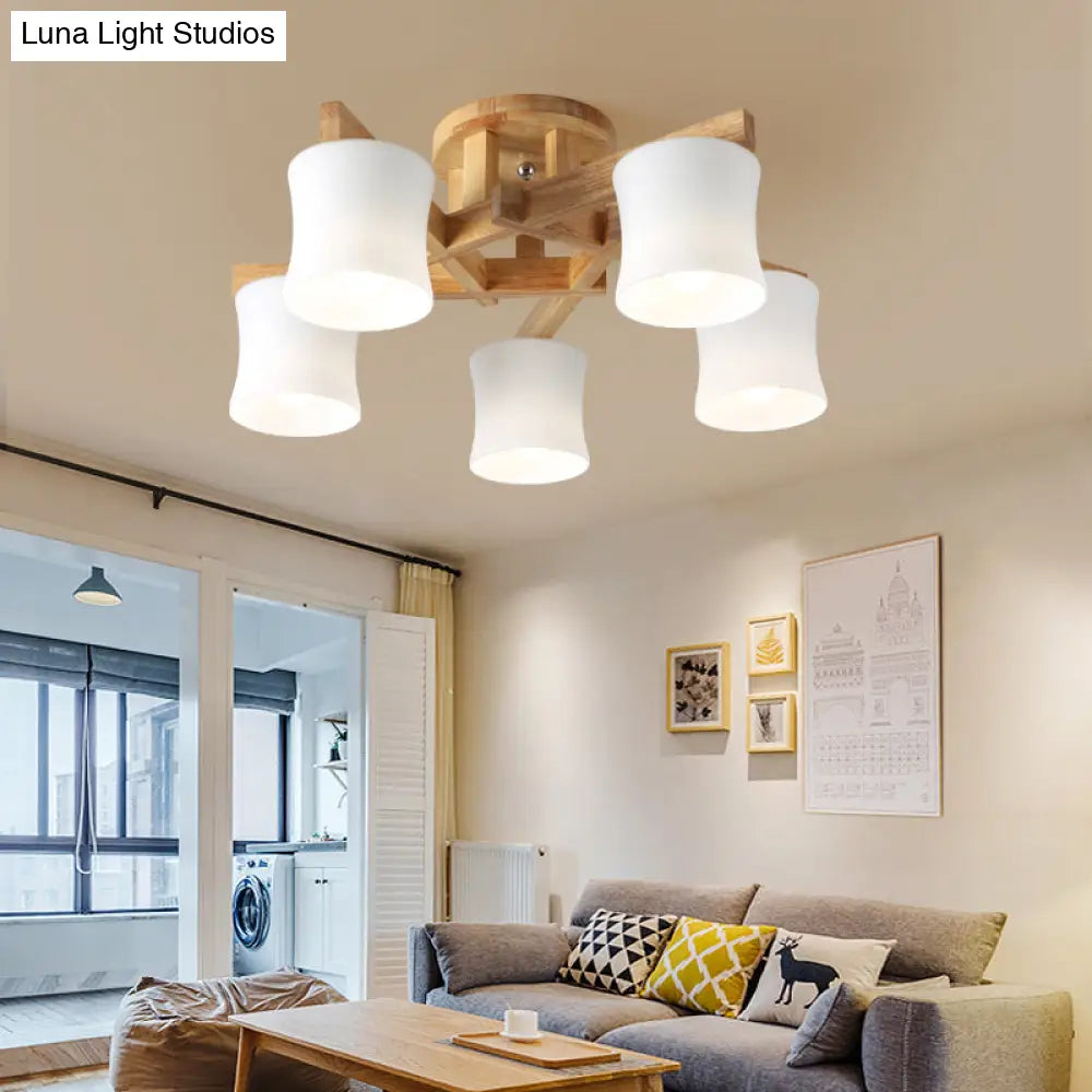 Japanese Semi Flush Mount Chandelier With White Glass Shade And Wooden Canopy