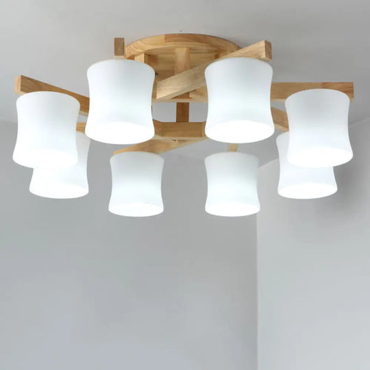 Japanese Semi Flush Mount Chandelier With White Glass Shade And Wooden Canopy 8 /
