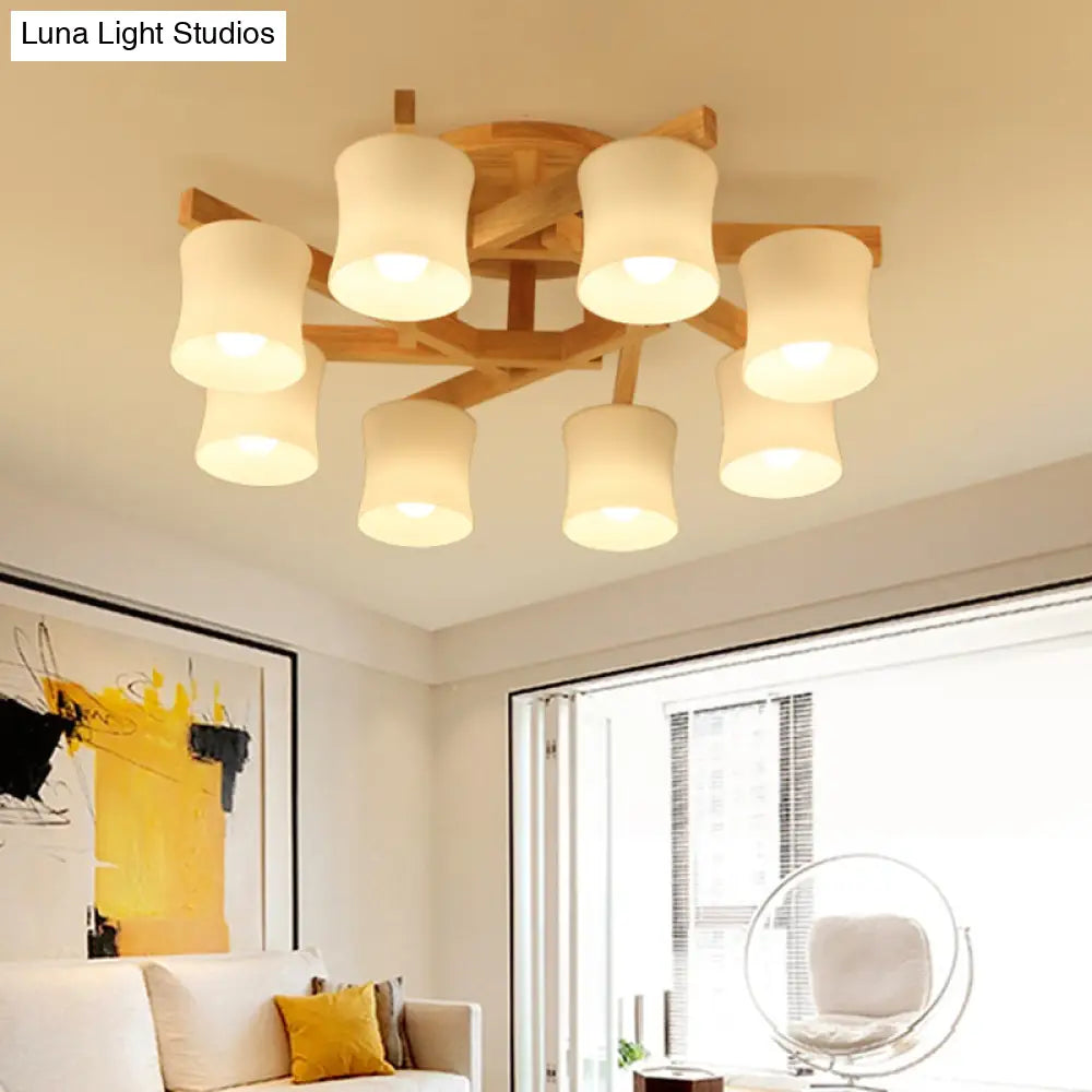 Japanese Semi Flush Mount Chandelier With White Glass Shade And Wooden Canopy