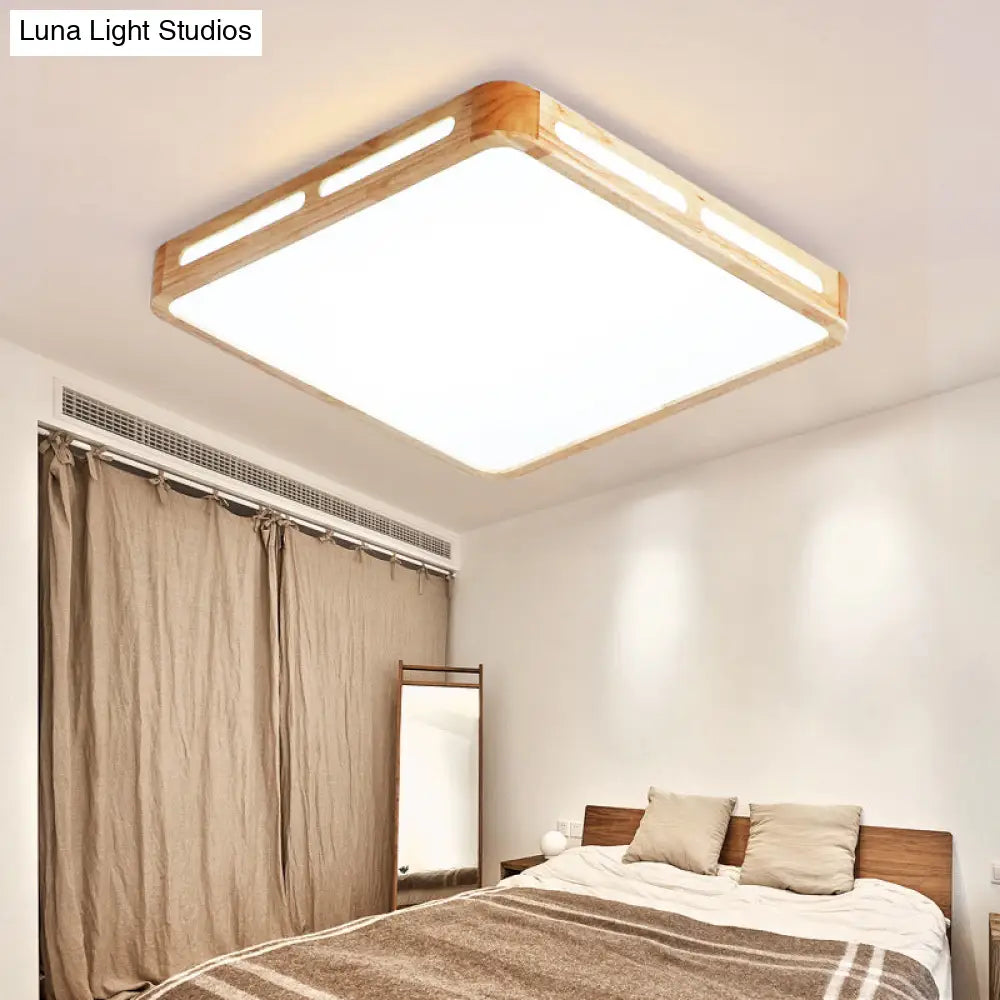 Japanese Square Led Wood Flush Mount Ceiling Light With Acrylic Shade - Bedroom Lighting