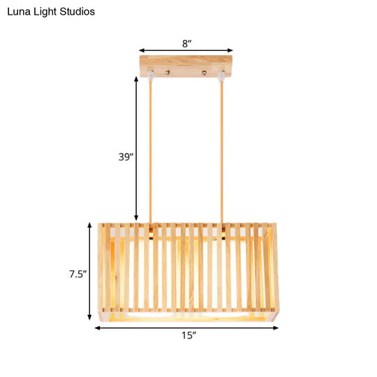 Japanese Style 2-Head Pendant Lighting For Dining Table - Rubber Wood Cuboid Cage Island Light