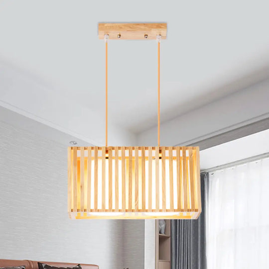 Japanese Style 2-Head Pendant Lighting For Dining Table - Rubber Wood Cuboid Cage Island Light