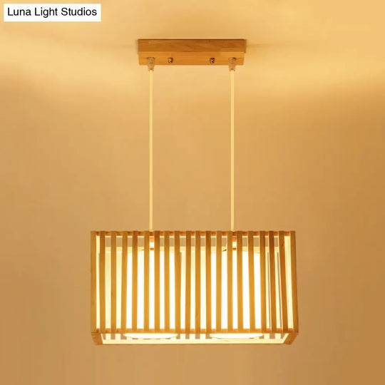 Japanese Style 2-Head Pendant Lighting For Dining Table - Rubber Wood Cuboid Cage Island Light