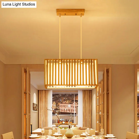 Japanese Style 2-Head Pendant Lighting For Dining Table - Rubber Wood Cuboid Cage Island Light