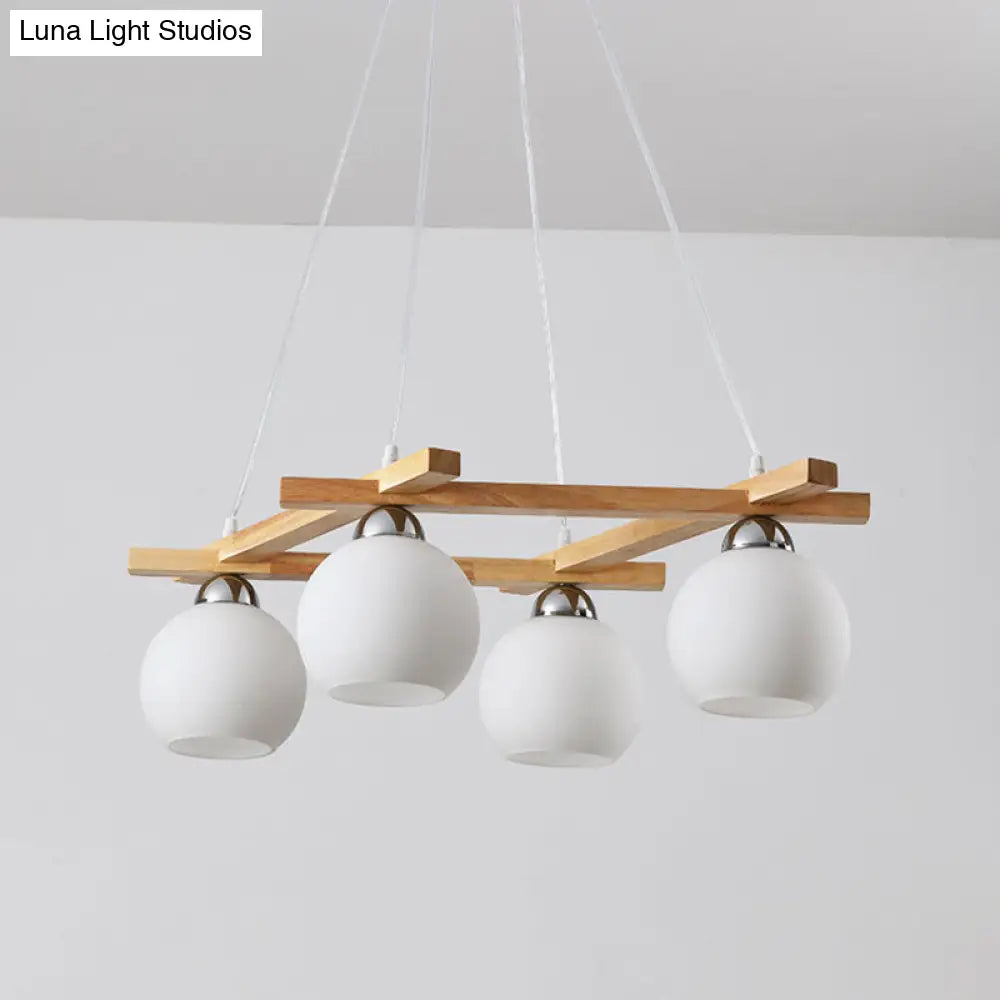 Japanese Wood Sphere Chandelier With Cream Glass & 4 Bulbs - Ideal For Living Rooms