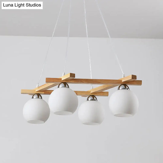 Japanese Wood Sphere Chandelier With Cream Glass & 4 Bulbs - Ideal For Living Rooms