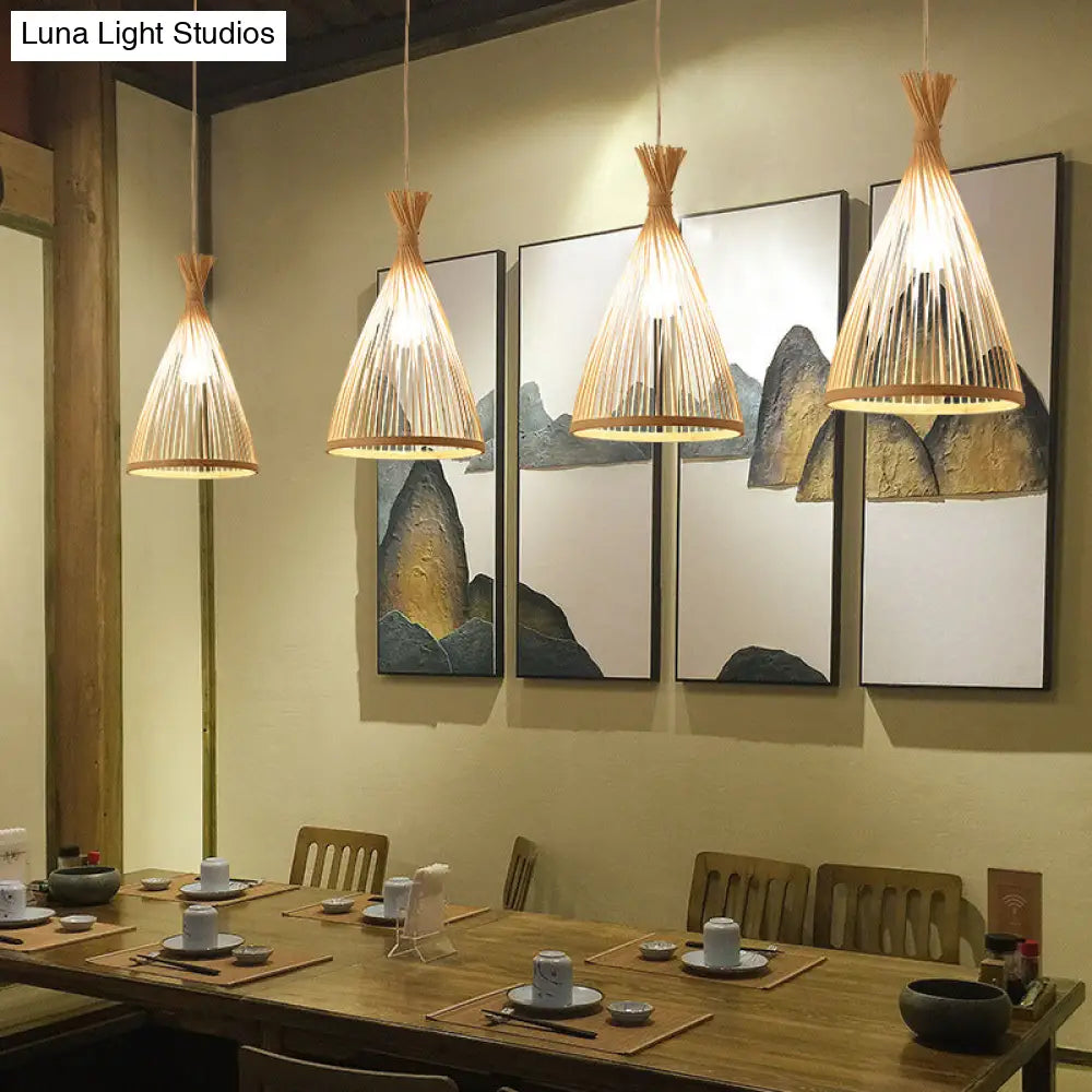 Japanese Style Bamboo Pendant Lamp 1 Head Ceiling Hang Light For Tea Room