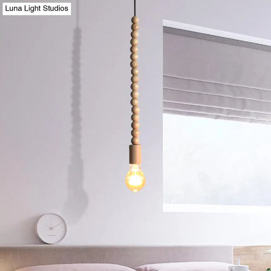 Japanese Style Bare Bulb Hanging Lamp - Wooden Deco Single Light Pendant In Beige Ideal For Kitchen