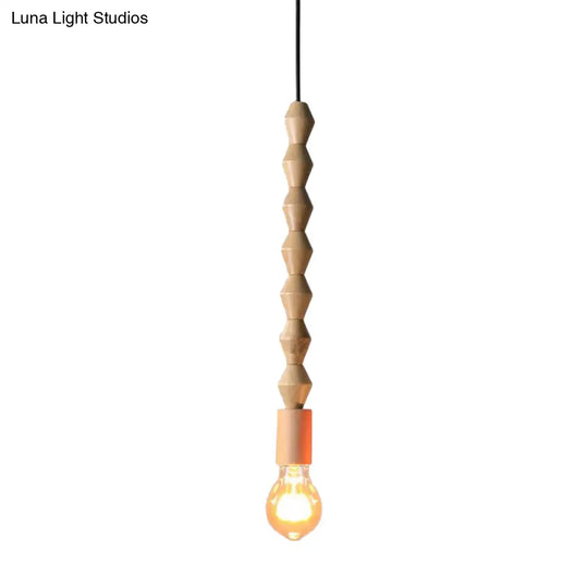 Japanese Style Bare Bulb Hanging Lamp - Wooden Deco Single Light Pendant In Beige Ideal For Kitchen