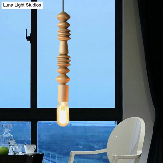 Japanese Style Bare Bulb Hanging Lamp - Wooden Deco Single Light Pendant In Beige Ideal For Kitchen