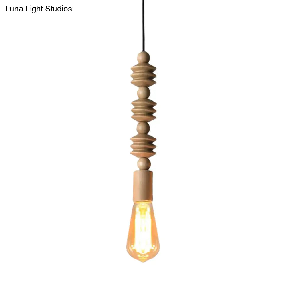 Japanese Style Bare Bulb Hanging Lamp - Wooden Deco Single Light Pendant In Beige Ideal For Kitchen