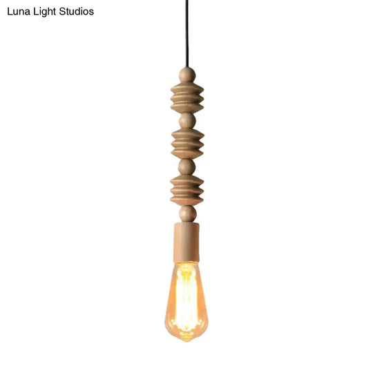 Japanese Style Bare Bulb Hanging Lamp - Wooden Deco Single Light Pendant In Beige Ideal For Kitchen